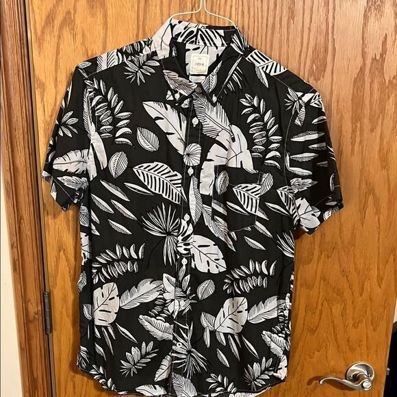 GAP Hawaiian Shirt Men’s Large Black White Casual Button Down Tropical Cotton - Picture 1 of 10